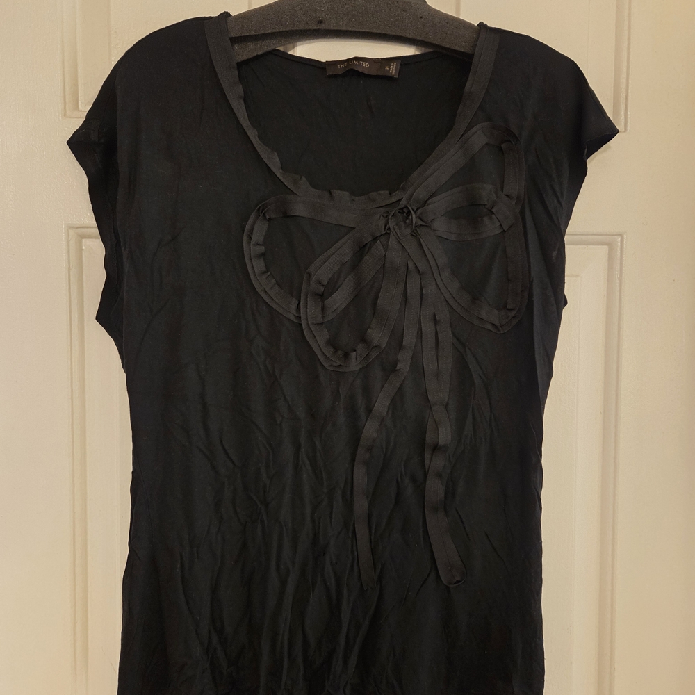 The Limited: Black Cap Sleeve Ribbon Detail Blouse.  Size XL.